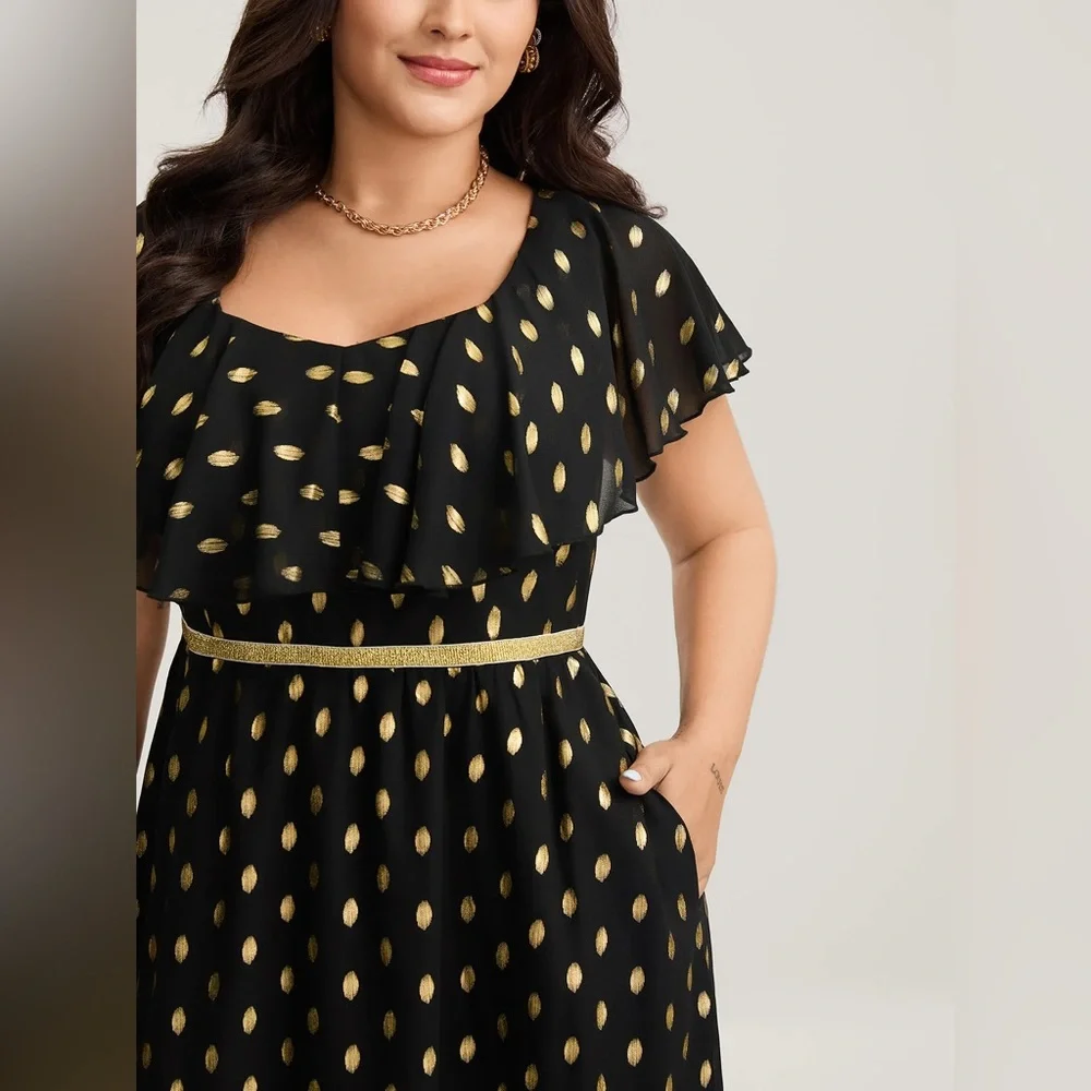 BloomChic Shimmery Polka Dot Stretchy Waist Midi Dress Black/Gold Plus Size - Picture 4 of 11